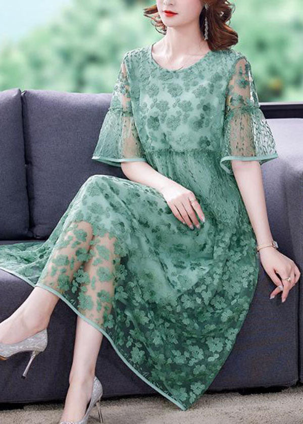 Round Neck Flare Sleeve Floral Lace Tiered Midi Dress - View 2