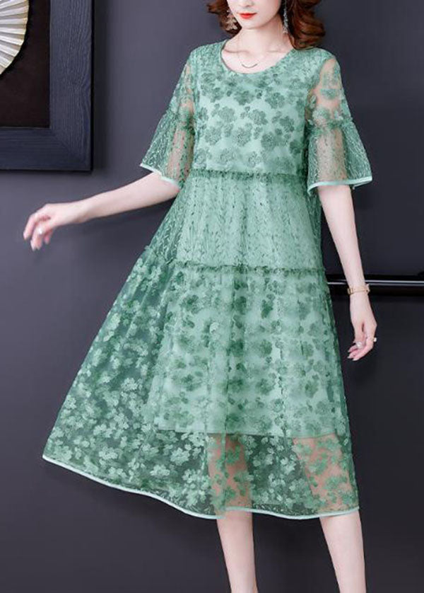 Round Neck Flare Sleeve Floral Lace Tiered Midi Dress - View 3