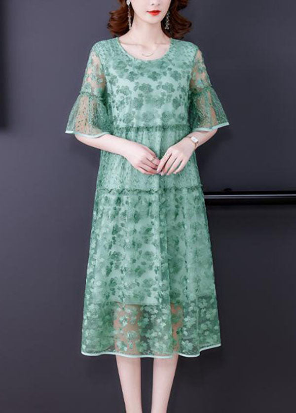 Round Neck Flare Sleeve Floral Lace Tiered Midi Dress - View 4