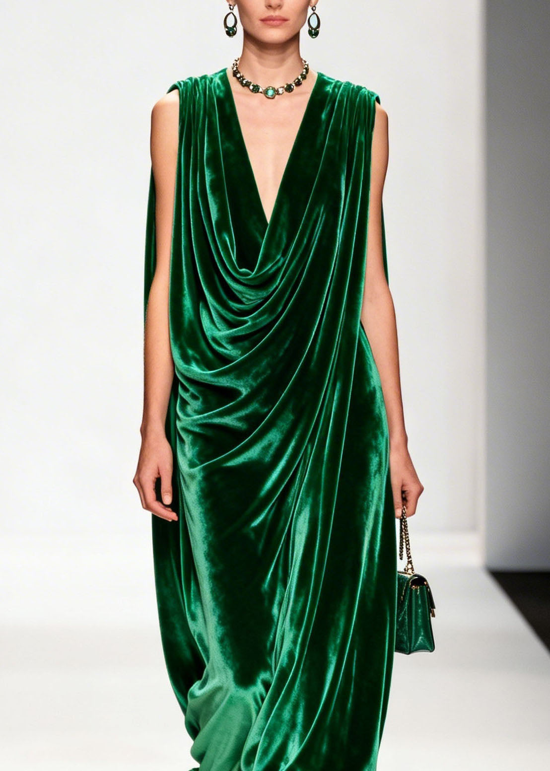 Women Green Ruffled Floral Patchwork Velvet Ankle Dress Sleeveless - View 2