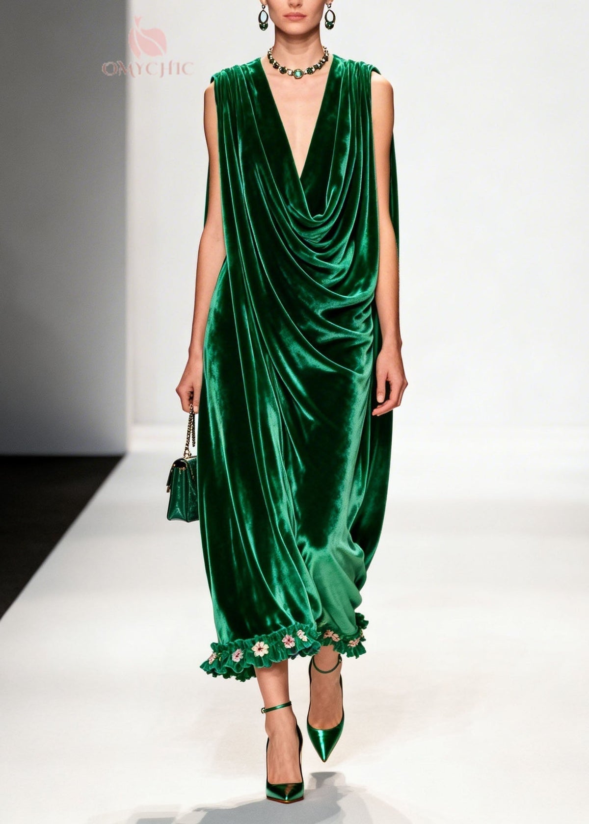 Women Green Ruffled Floral Patchwork Velvet Ankle Dress Sleeveless - View 3