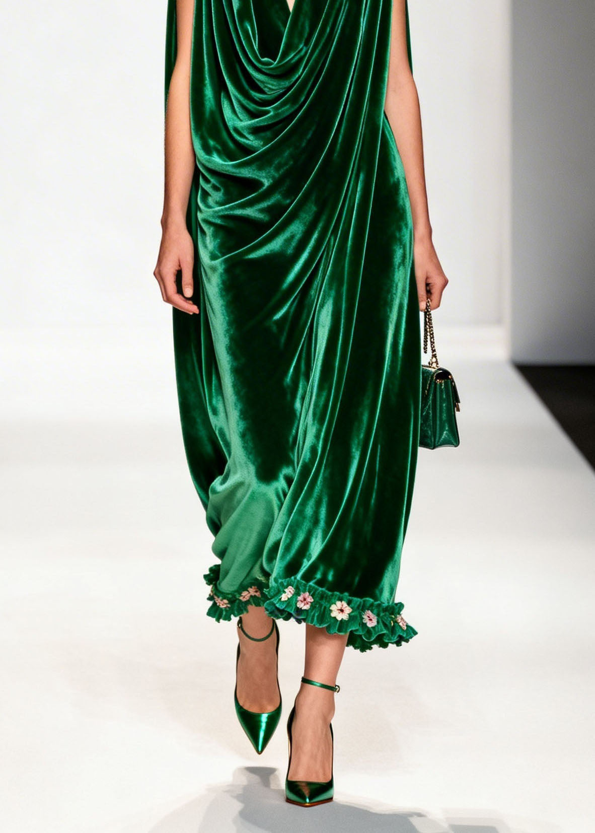 Women Green Ruffled Floral Patchwork Velvet Ankle Dress Sleeveless - View 4