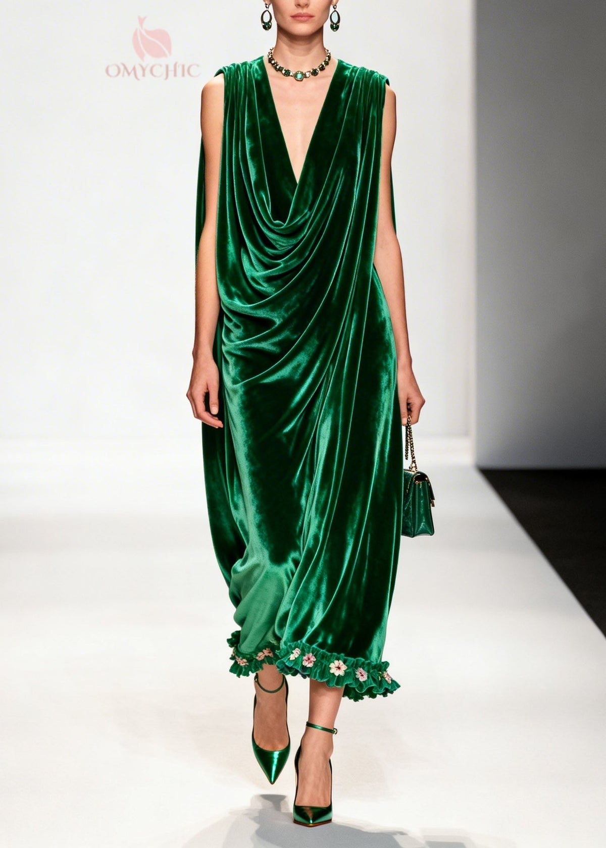 Women Green Ruffled Floral Patchwork Velvet Ankle Dress Sleeveless - View 5