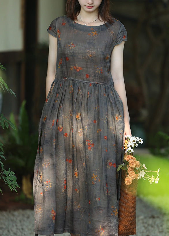 Floral Print Crinkled Gauze Cap Sleeve Gathered A-Line Midi Dress - View 2