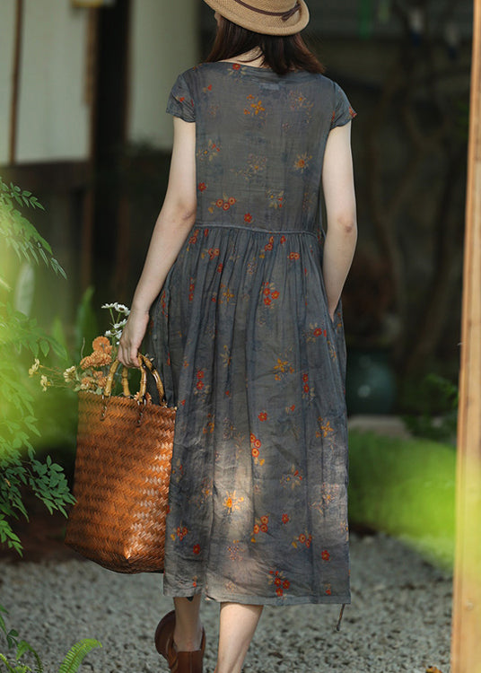 Floral Print Crinkled Gauze Cap Sleeve Gathered A-Line Midi Dress - View 5
