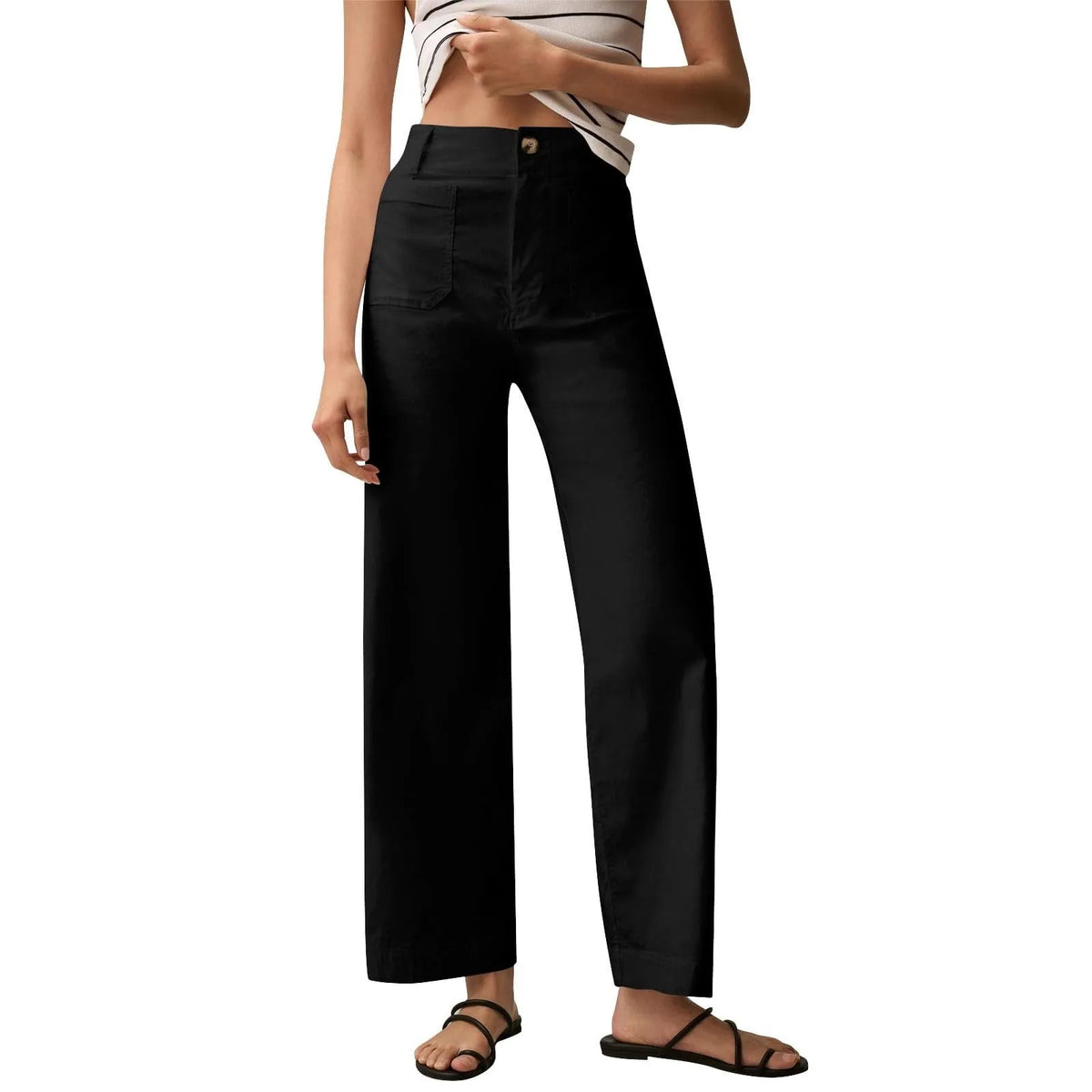 High Waist Patch Pocket Straight Pants Black / S