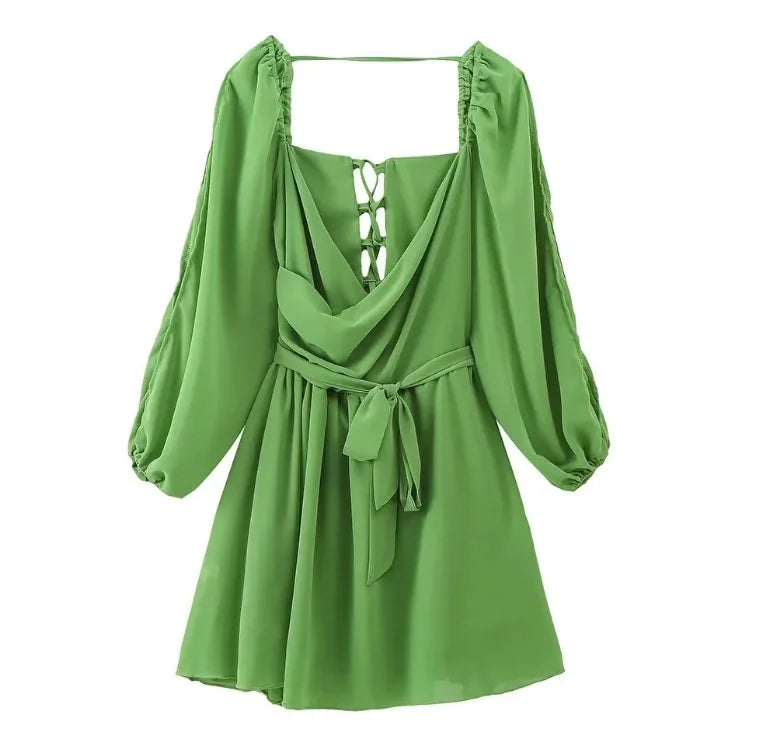 V Neck Hollow Out Lantern Sleeve Mini Dress - Solid Color - Christmas Party Dress - Fashionpara