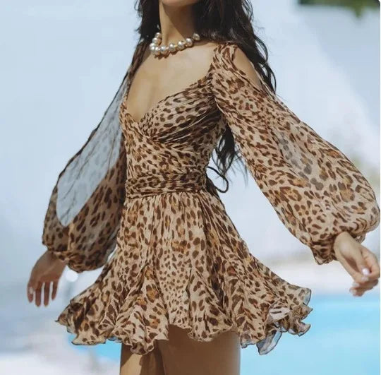 V Neck Hollow Out Lantern Sleeve Mini Dress - Solid Color - Christmas Party Dress - Fashionpara