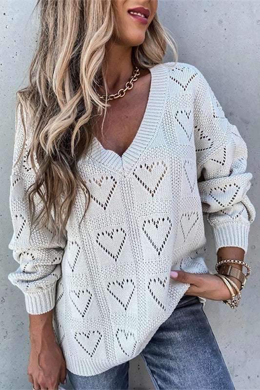 RadyRin Hollow-Out V Neck Long Sleeve Knit Sweater