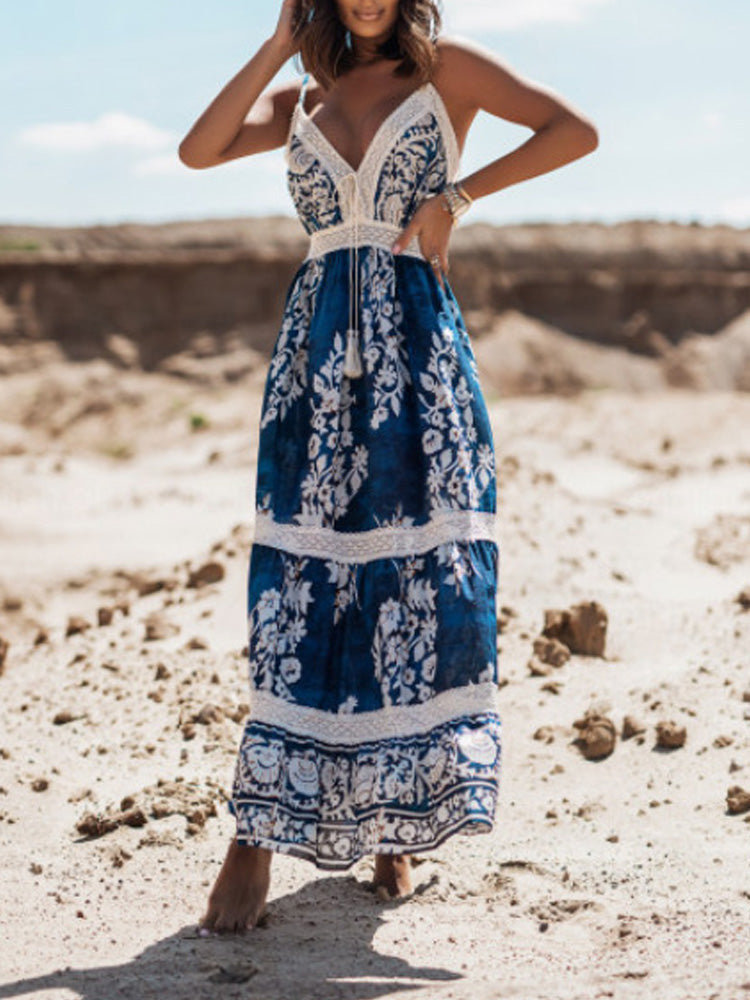 Crochet Lace V-Neck Bell-Sleeve Tassel Boho Maxi Dress 10