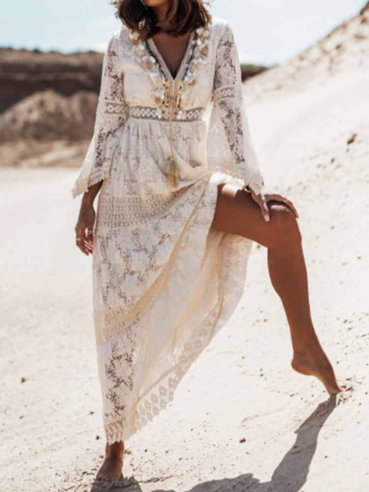 Crochet Lace V-Neck Bell-Sleeve Tassel Boho Maxi Dress 3
