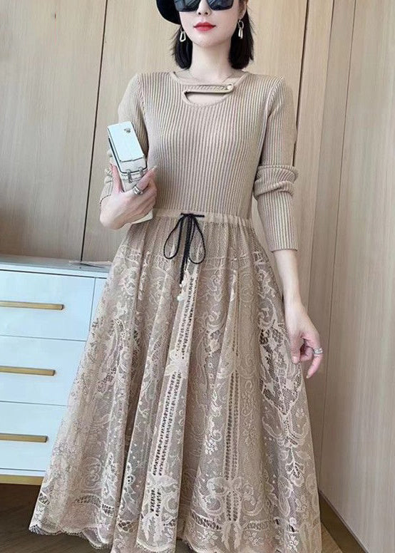 Knit Lace Patchwork Tie Waist Cut Out Long Sleeve A-Line Midi Dress