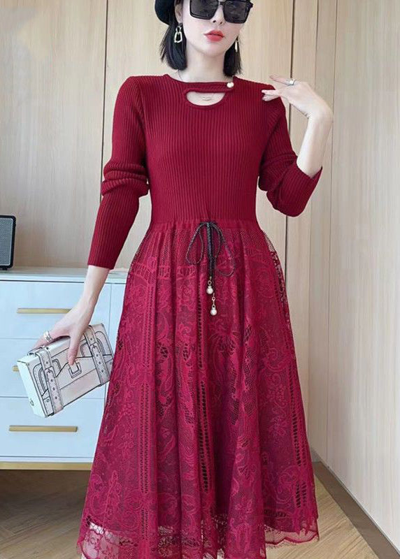 Knit Lace Patchwork Tie Waist Cut Out Long Sleeve A-Line Midi Dress - View 2