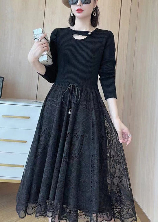 Knit Lace Patchwork Tie Waist Cut Out Long Sleeve A-Line Midi Dress - View 3