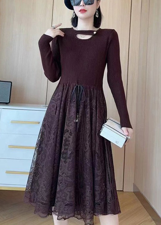 Knit Lace Patchwork Tie Waist Cut Out Long Sleeve A-Line Midi Dress - View 4