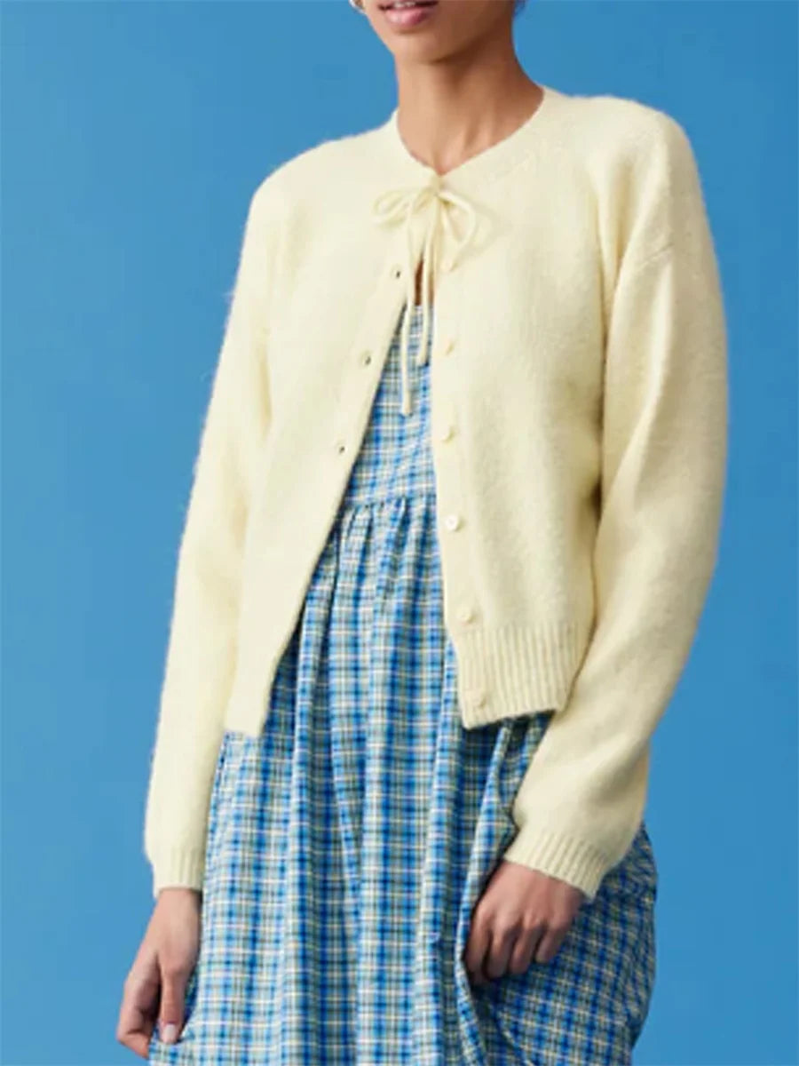 Tie-up Button Solid Knit Cardigan
