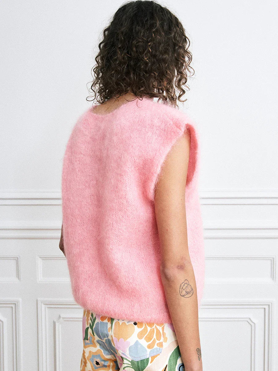Colorful Furry Button-Up Sleeveless Cardigan