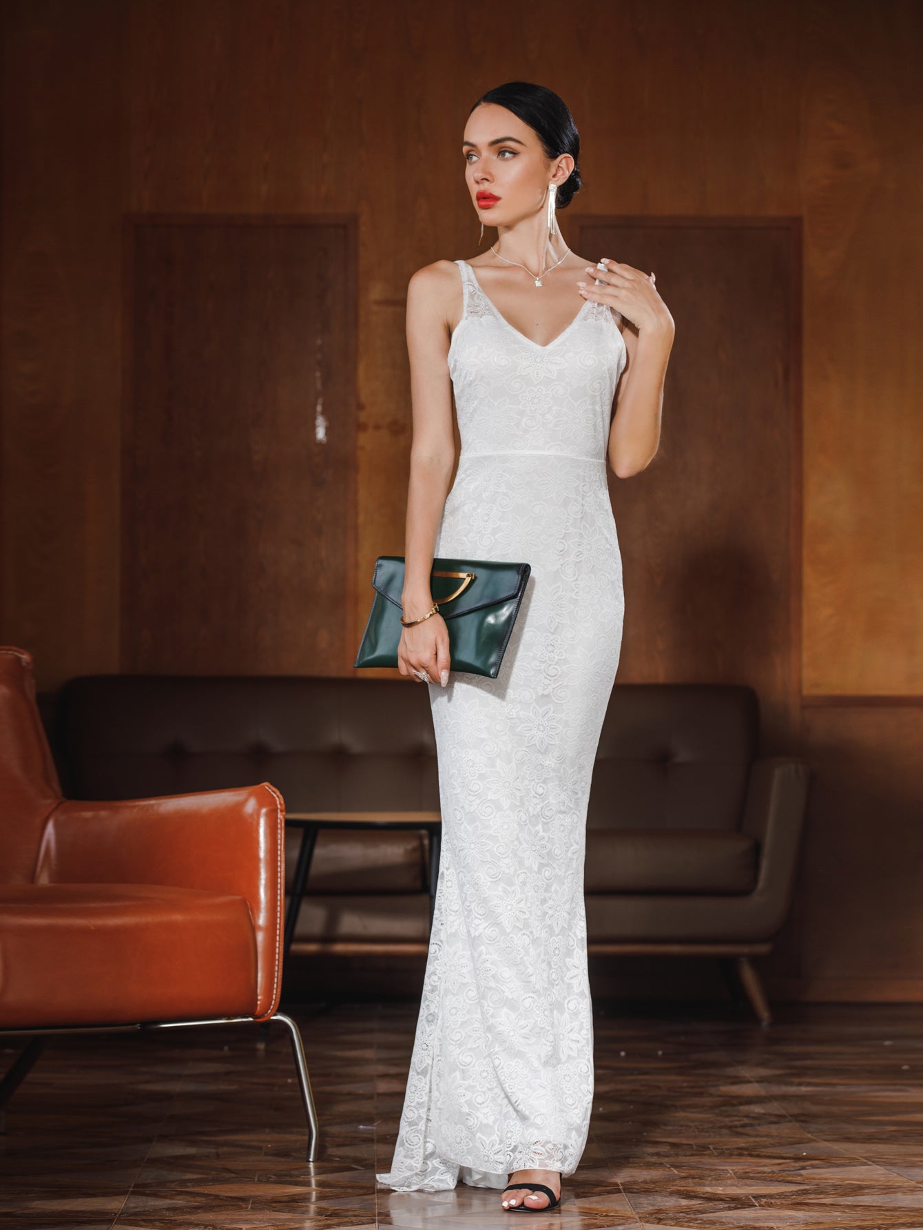 Women Lace Halter V Neck Sexy Evening Party Dress - Fashionpara