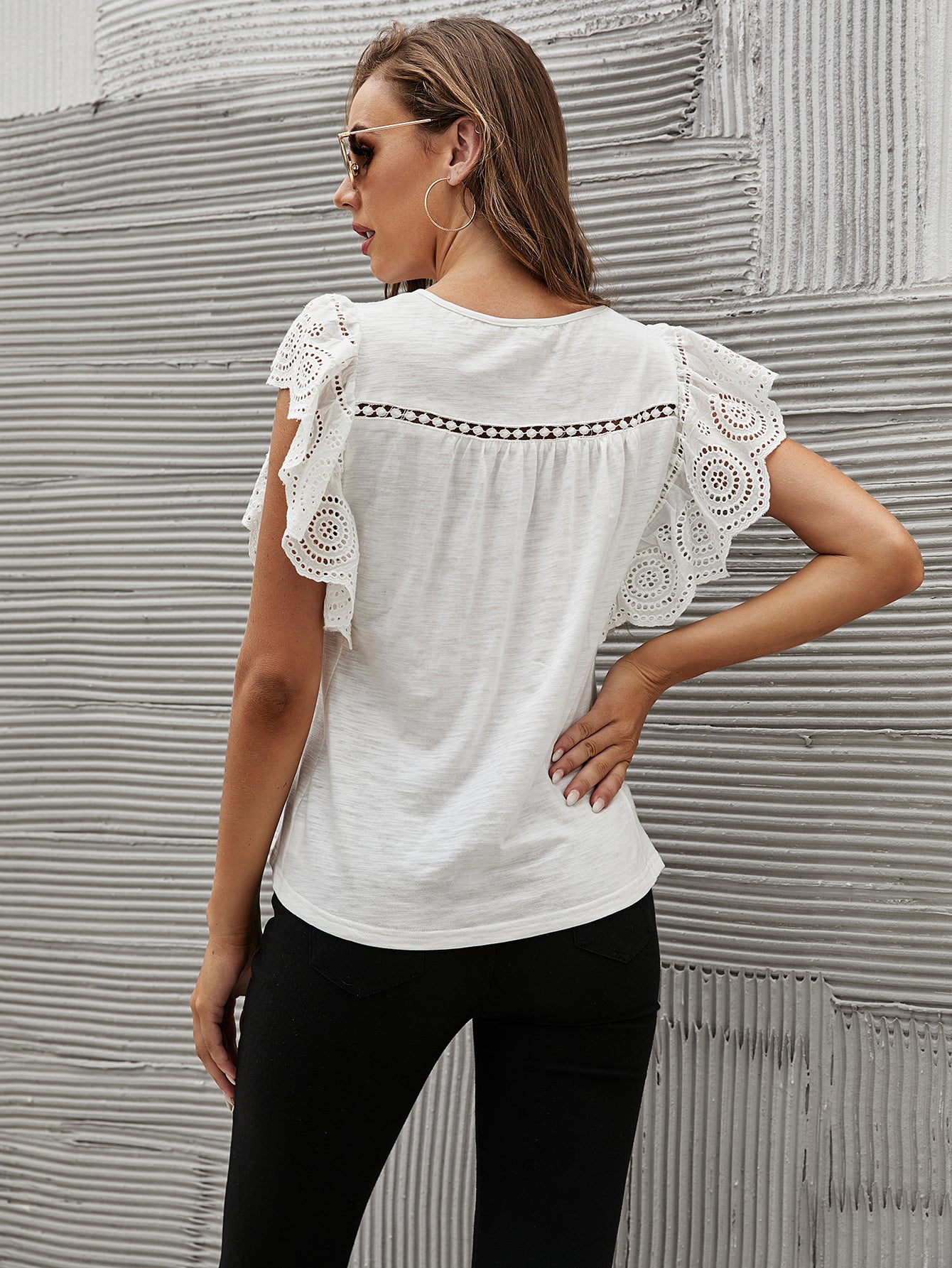 Women  Lace Patchwork Short Sleeve T-shirts Casual Cotton Women Tops  Blouse - Fashionpara