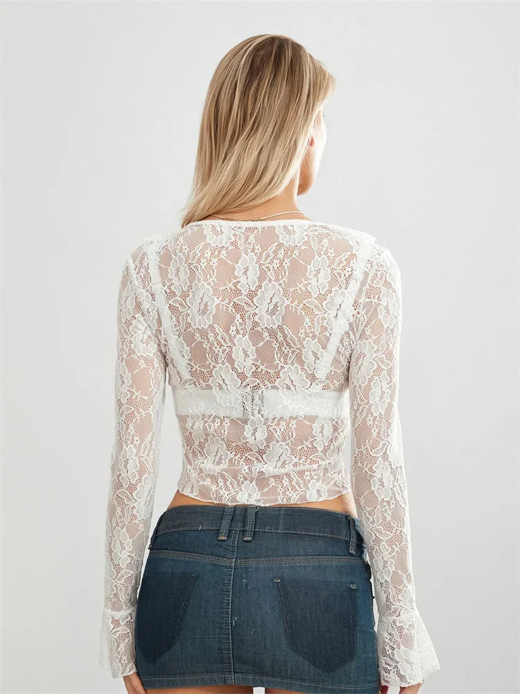 Lace Flare Sleeve Tie Up See Through Blouse