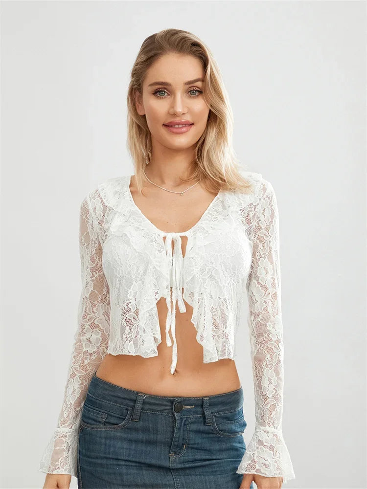 Lace Flare Sleeve Tie Up See Through Blouse