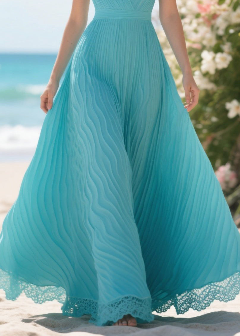 Pleated Spaghetti Strap Deep V-Neck Wrap Bodice Lace Trim Maxi Dress - View 4