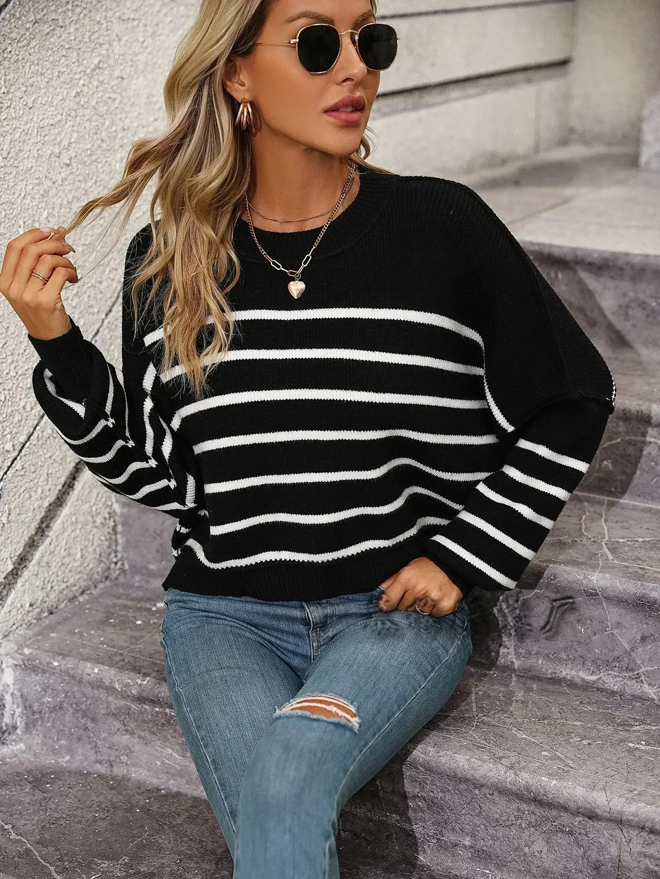 Loose Striped  Crochet  Sweet Sweater