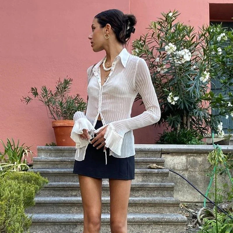 Mesh Sheer Flare Sleeve Crop Blouse