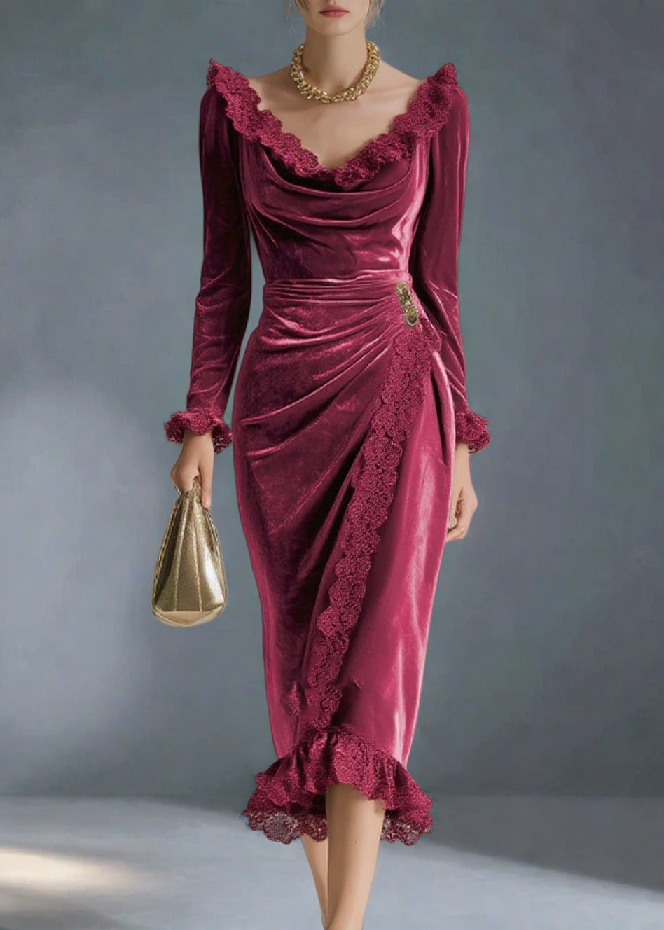 Velvet Cowl Neck Long Sleeve Lace Trim Ruched Wrap Midi Party Dress
