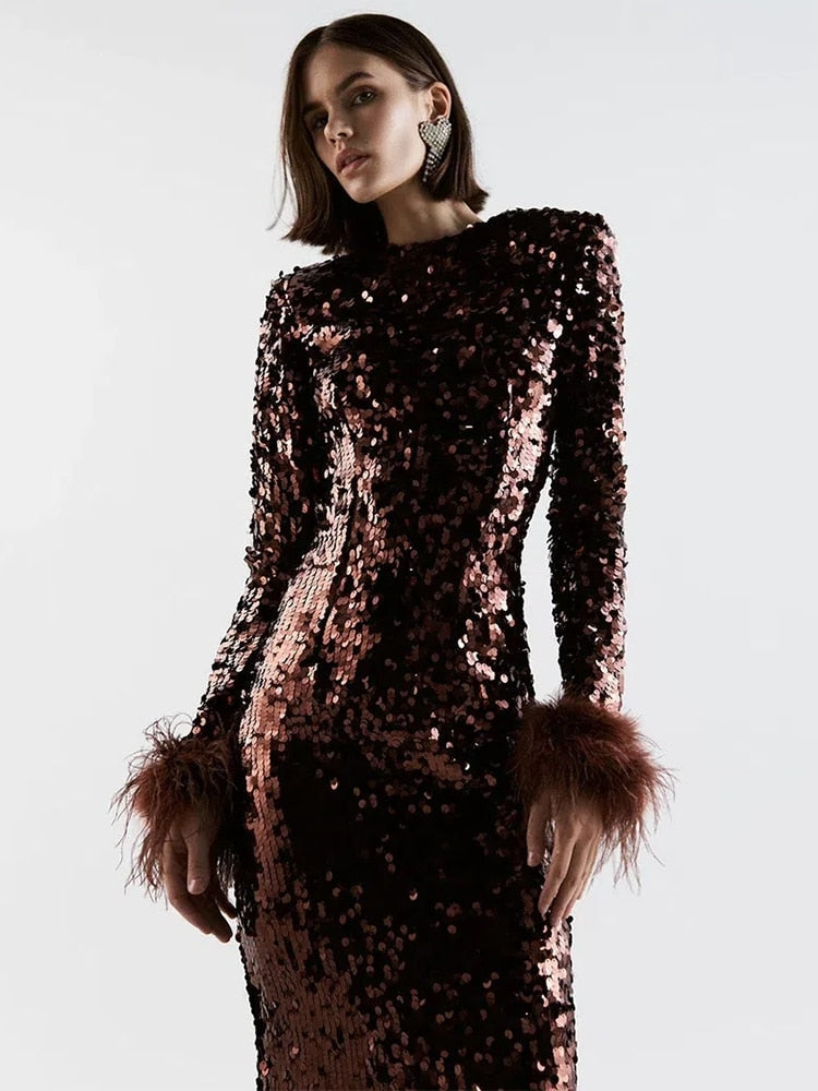 Sequin Round Neck Long Sleeve Feather-Cuff Bodycon Dress 4