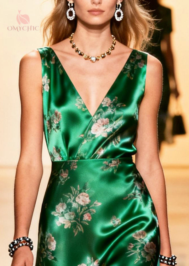 Satin Floral Print Deep V-Neck Sleeveless Asymmetric Midi Dress - View 2