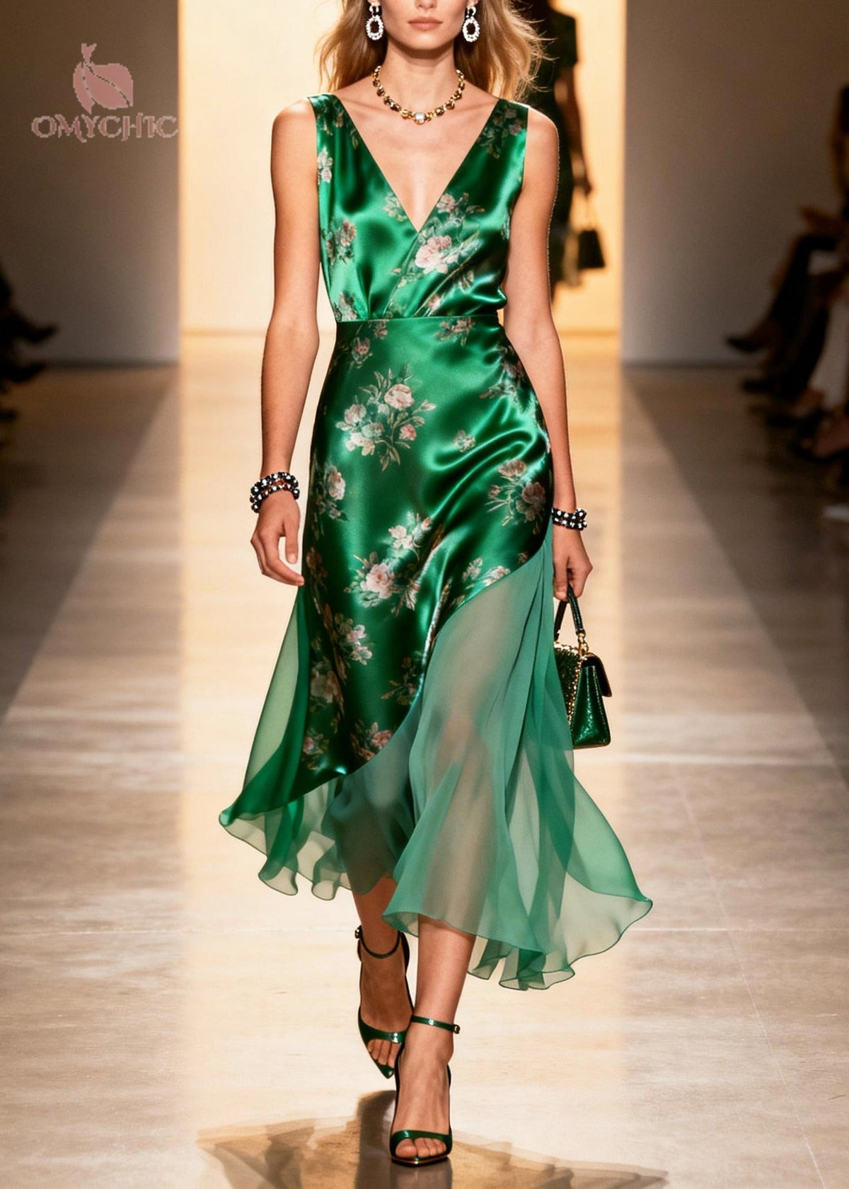 Satin Floral Print Deep V-Neck Sleeveless Asymmetric Midi Dress - View 5