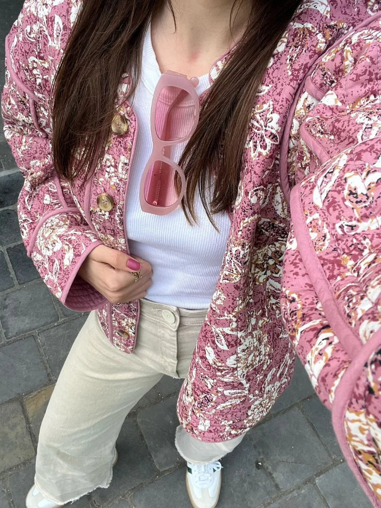 Casual Floral Warm Pink Cotton Jacket 6