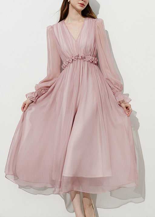 V-Neck Long Puff Sleeve Ruffle Empire Waist Chiffon Midi Dress - View 2
