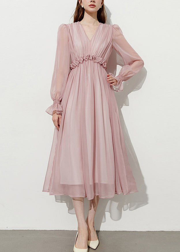 V-Neck Long Puff Sleeve Ruffle Empire Waist Chiffon Midi Dress - View 3