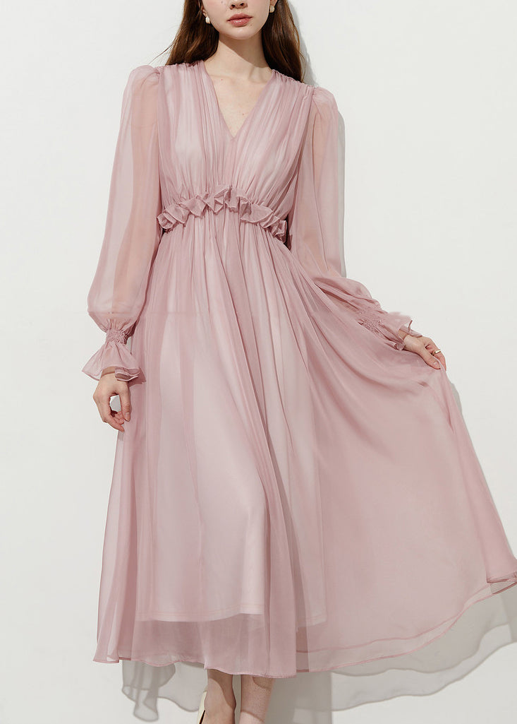 V-Neck Long Puff Sleeve Ruffle Empire Waist Chiffon Midi Dress - View 4