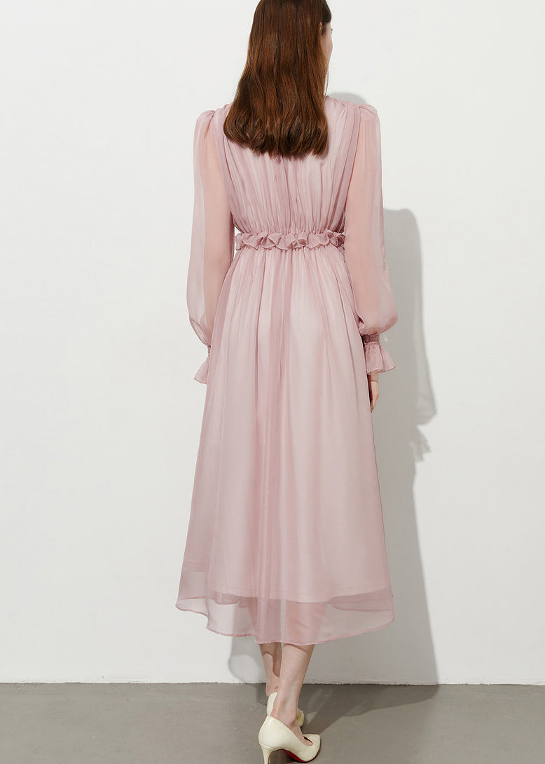 V-Neck Long Puff Sleeve Ruffle Empire Waist Chiffon Midi Dress - View 5