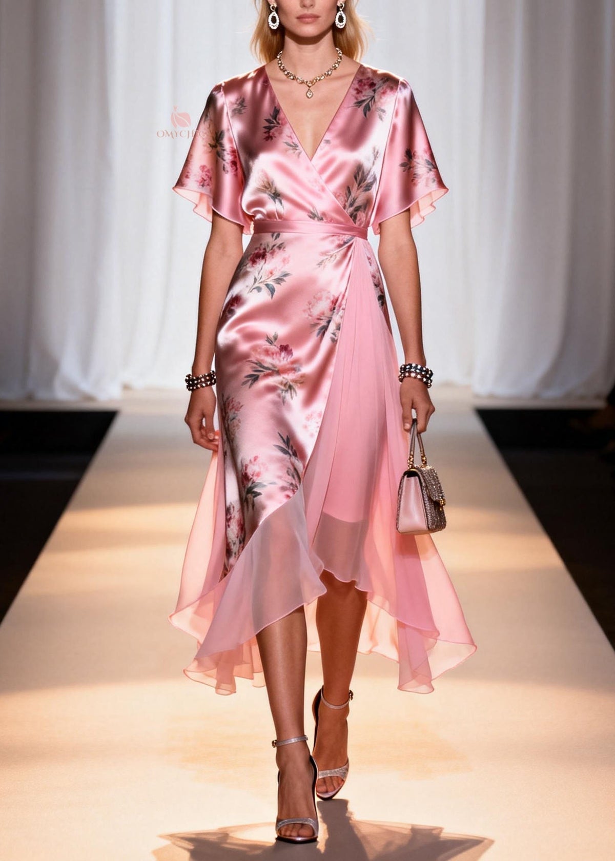 Floral Print Satin Deep V-Neck Flutter Sleeve Wrap High Low Chiffon Panel Midi Dress