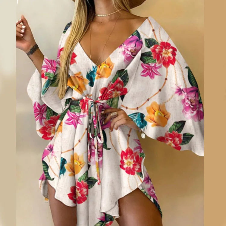 Sexy V-neck Bat Sleeve Bohemian Floral Beach Sundress