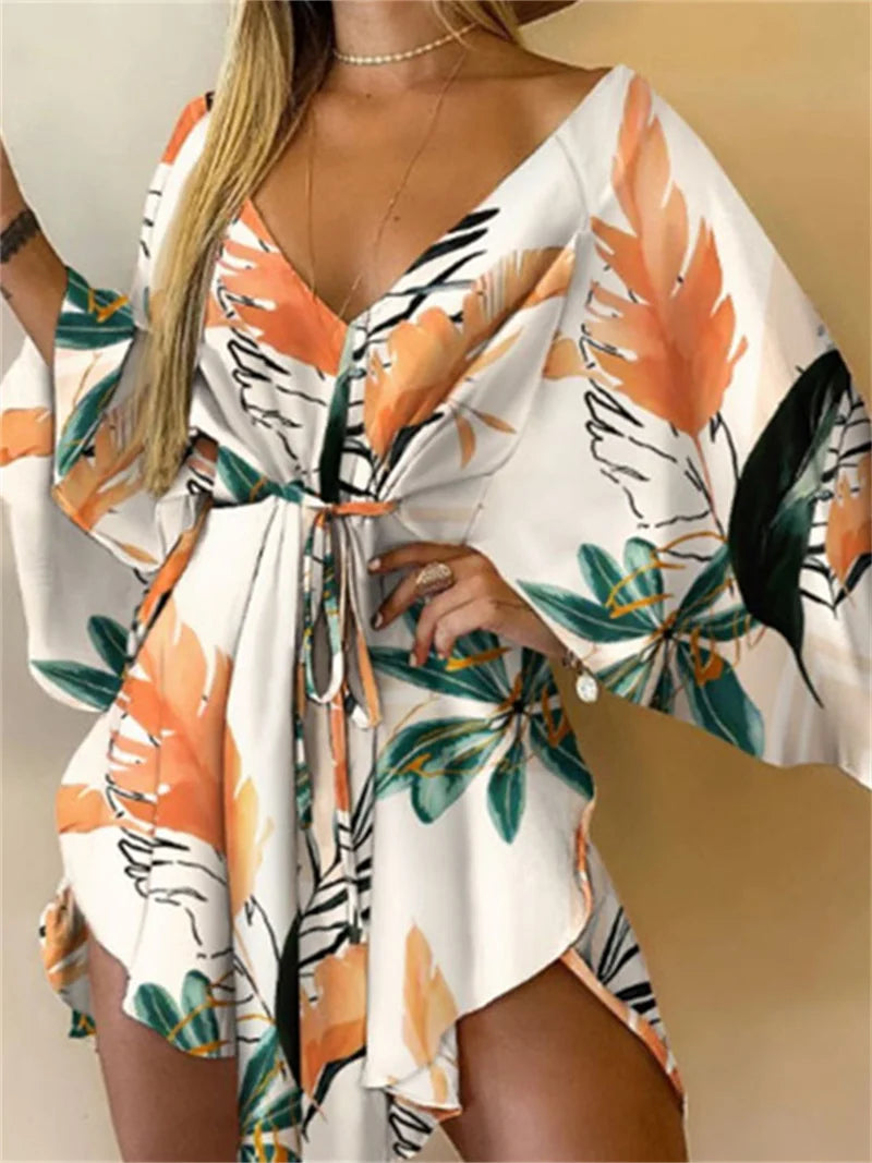 Sexy V-neck Bat Sleeve Bohemian Floral Beach Sundress