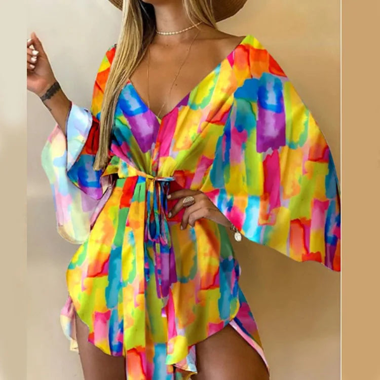 Sexy V-neck Bat Sleeve Bohemian Floral Beach Sundress