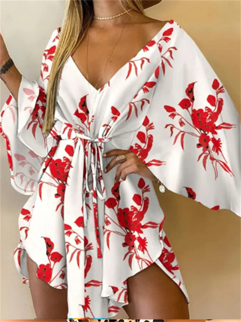 Sexy V-neck Bat Sleeve Bohemian Floral Beach Sundress