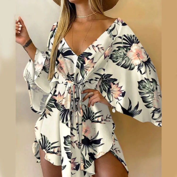 Sexy V-neck Bat Sleeve Bohemian Floral Beach Sundress