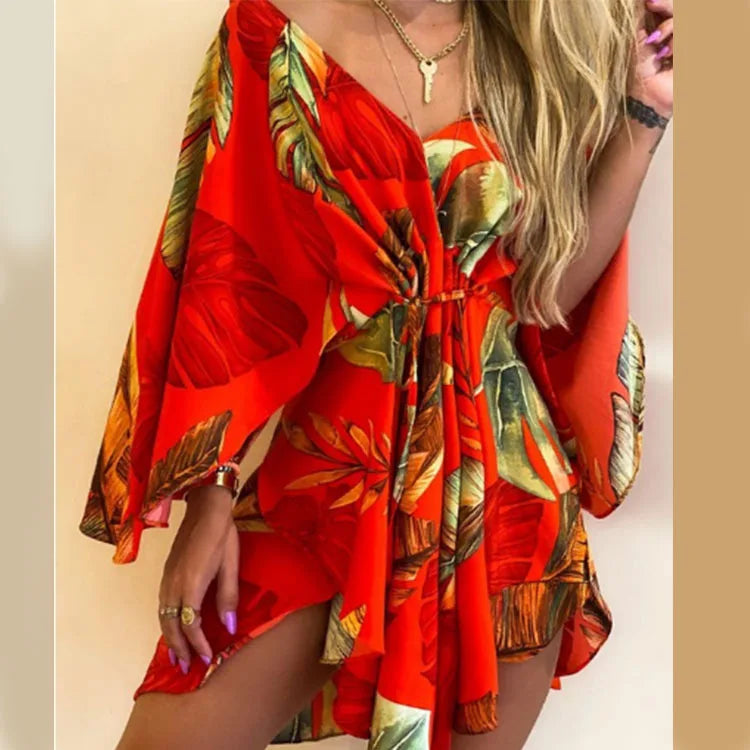 Sexy V-neck Bat Sleeve Bohemian Floral Beach Sundress