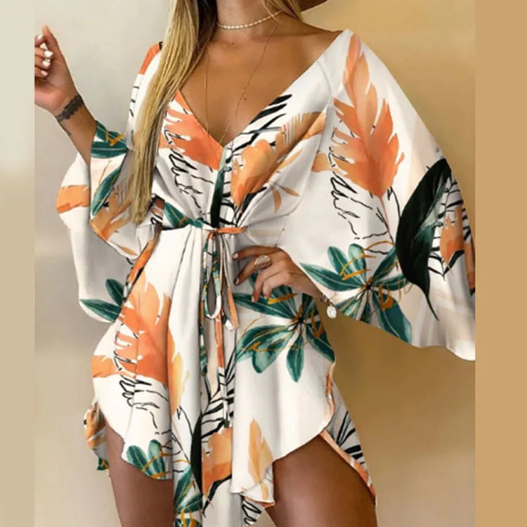 Sexy V-neck Bat Sleeve Bohemian Floral Beach Sundress