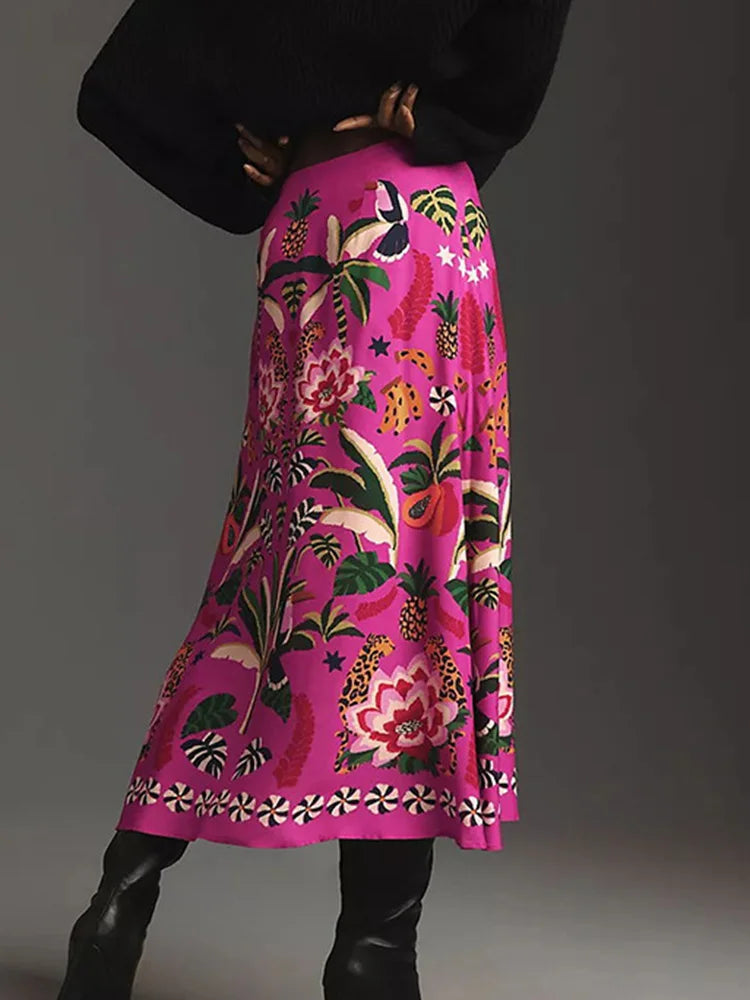 Printed A-Line Skirt Plants Flowers Zipper Spring Summer Fashion Skirt