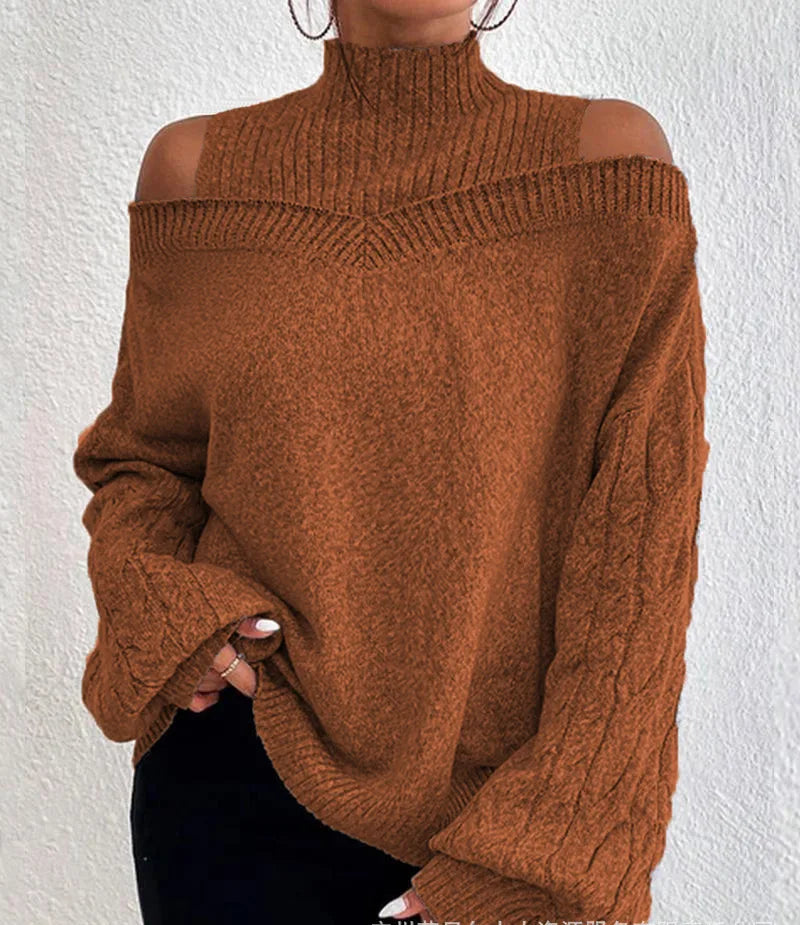 Off Shoulder Semi High Neck Knit Sweater Camel / S