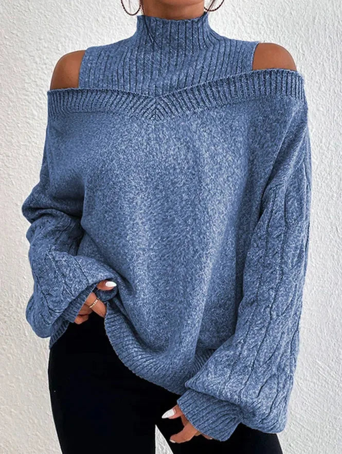 Off Shoulder Semi High Neck Knit Sweater 9
