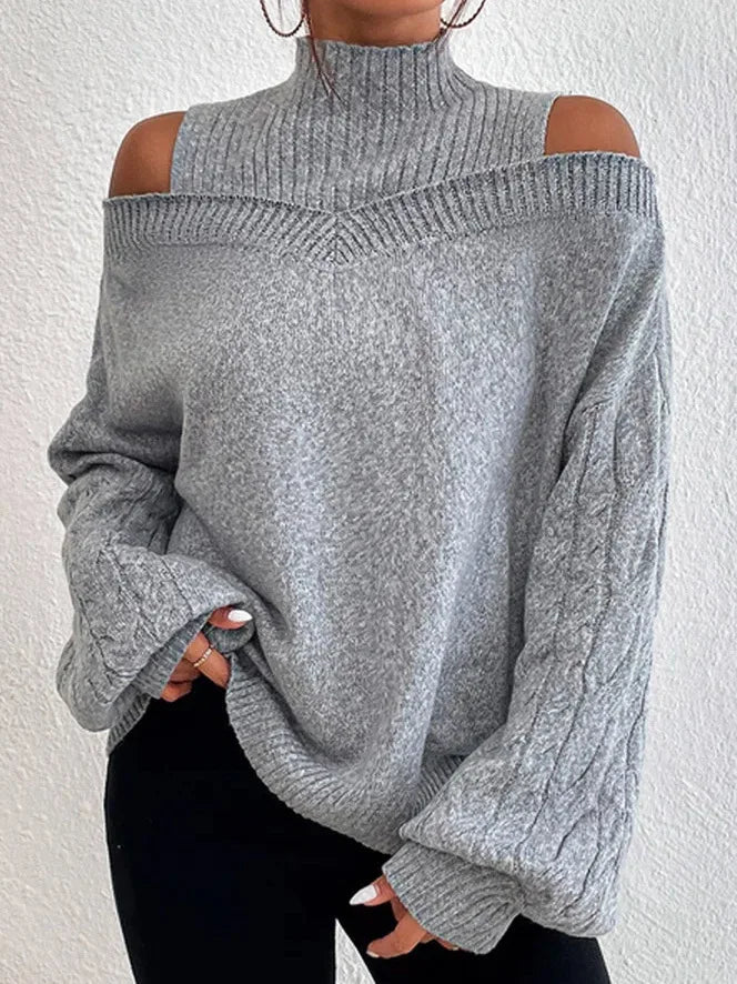 Off Shoulder Semi High Neck Knit Sweater 6
