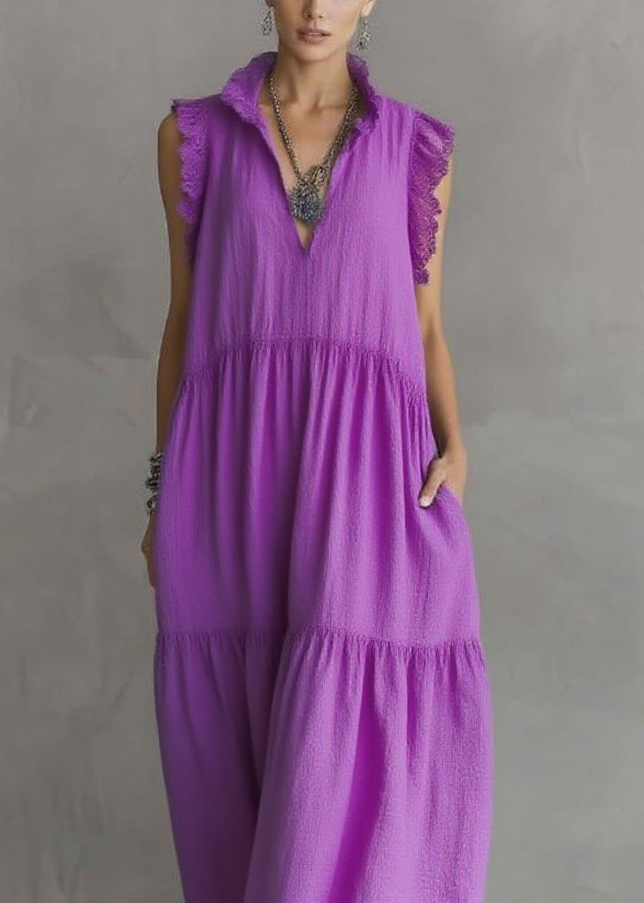 Women Purple Ruffled Lace Patchwork Cotton Dresses Sleeveless - View 2